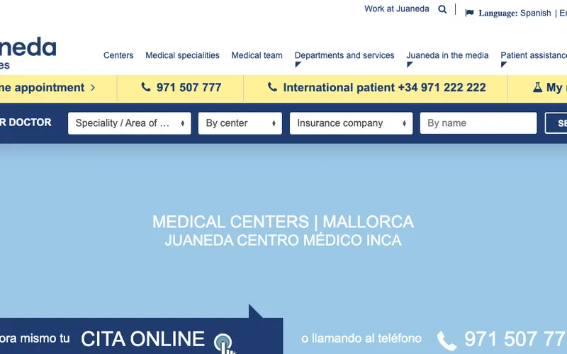 Deutscher Arzt Mallorca: Juaneda Centro Médico Inca – Website-Ansicht