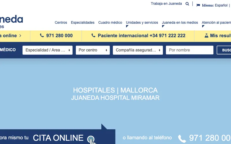 Sportorthopäde Mallorca: Juaneda Hospital Miramar – Website-Ansicht